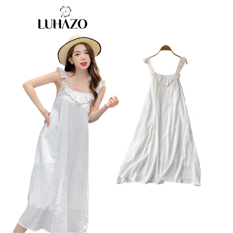 Váy LUHAZO trắng đi biển đẹp trễ vai maxi 2 dây dài rộng bigsize vintage babydoll hở lưng 1092 DK14T301