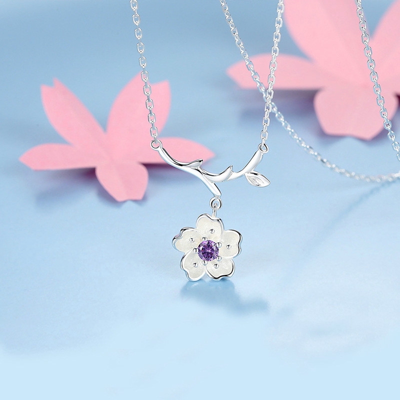 925 sterling silver short necklace with simple cherry blossom face is suitable as a birthday gift for female friends