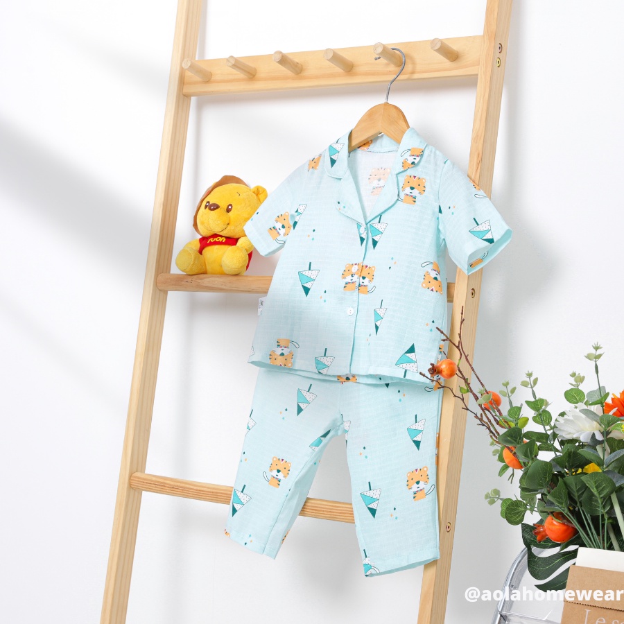 Pyjama bé trai bé gái tay ngắn quần dài vải xô tre Áo Lá Homewear XONT22, đồ bộ xô bé trai