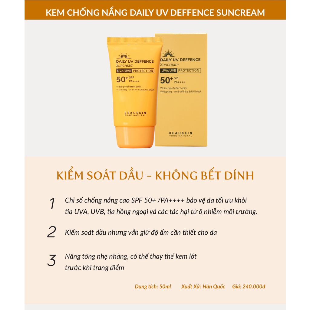 Kem chống nắng Beauskin Daily Deffence Sun Cream kiểm soát dầu, chống nước Hàn Quốc 50ml