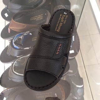 Dép da nam quai ngang đế cao su chống trơn trượt màu đen