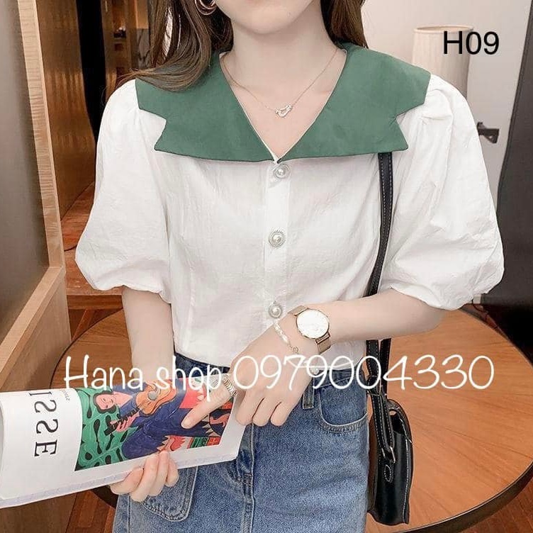 Áo sơ mi trắng cổ xanh Hana (H09)