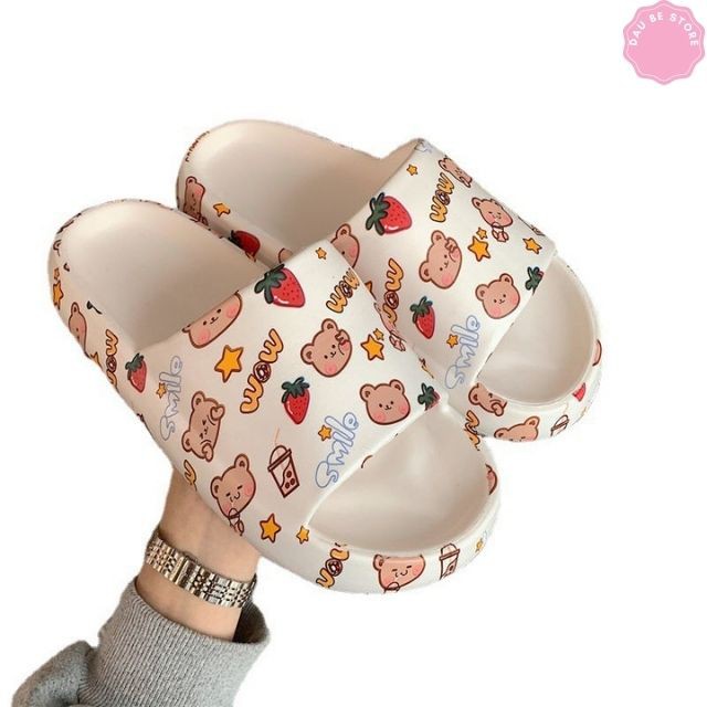 Dép Đế Bánh Mì Ulzzang Hình Gấu Hồng Trắng Siêu Xinh Cho Nữ - Dép Quai Ngang Siêu Êm Chống Trơn Trượt - Daube - D033