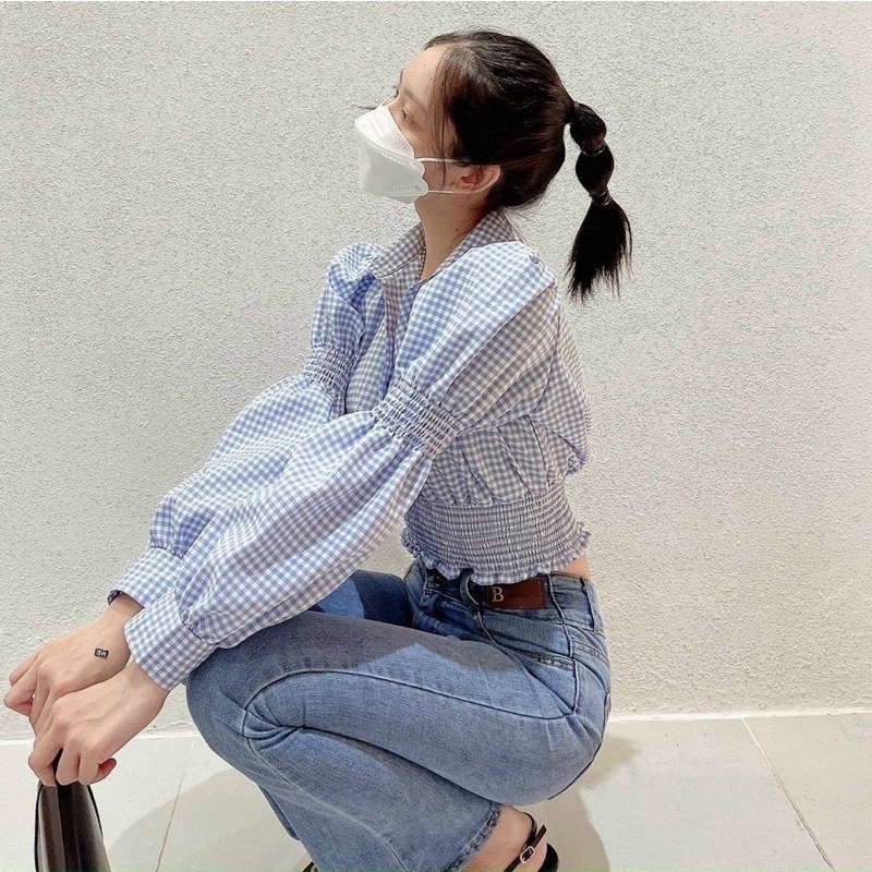 ÁO CROPTOP CARO NHÍ CHUN EO TAY KHÚC
