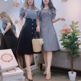 Đầm váy caro cổ V thắt eo tôn dáng