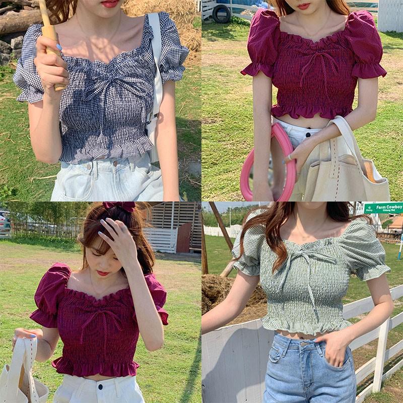 Áo kiểu cổ vuông tay phồng ngắn phối họa tiết sọc ca rô thời trang phong cách Hàn Quốc cho nữ | BigBuy360 - bigbuy360.vn