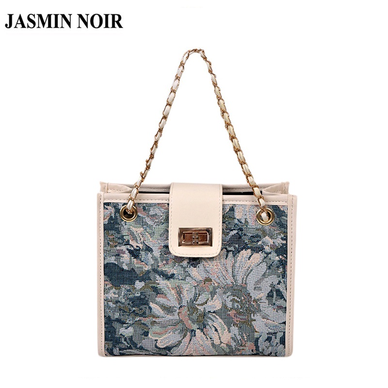 Túi đeo vai JASMIN NOIR vải canvas họa tiết hoa thiết kế vuông lớn hợp thời trang cho nữ