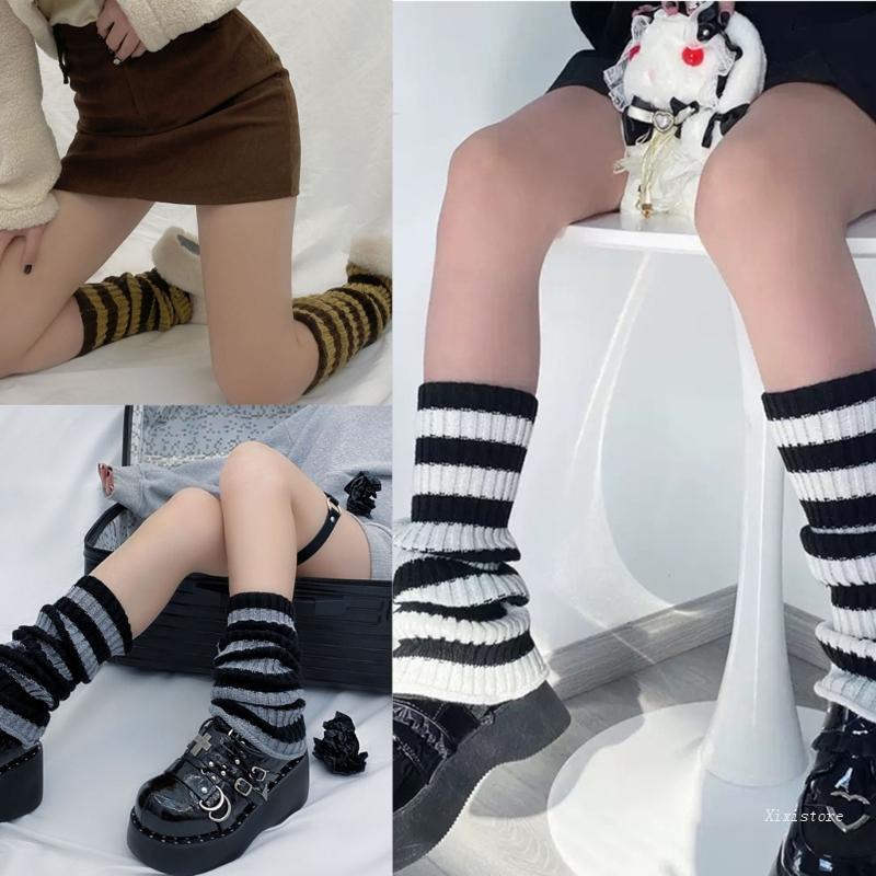 Tất Ống Chân Dệt Kim Giữ Ấm Họa Tiết Kẻ Sọc Màu Tương Phản Cho Nữ Xixi