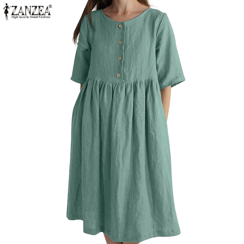 Đầm Zanzea mini tay lửng cài nút màu trơn đơn giản dễ phối đồ phong cách đường phố Hàn Quốc cho nữ