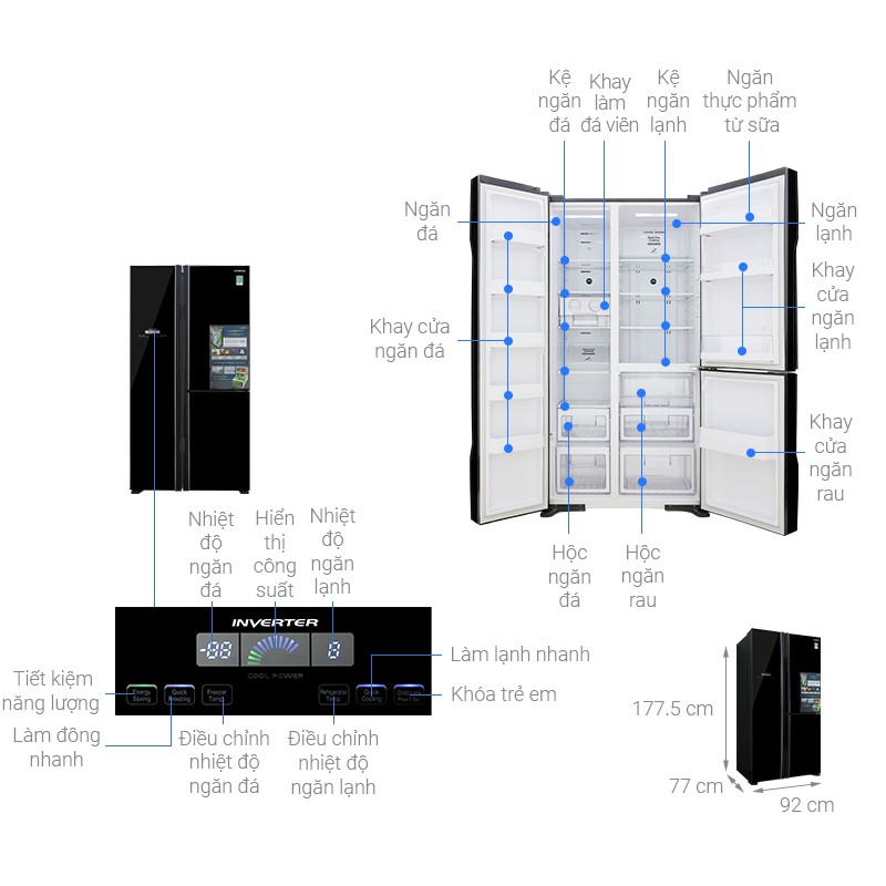 Tủ lạnh Hitachi  side by side 3 cửa màu đen R-FM800PGV2(GBK)