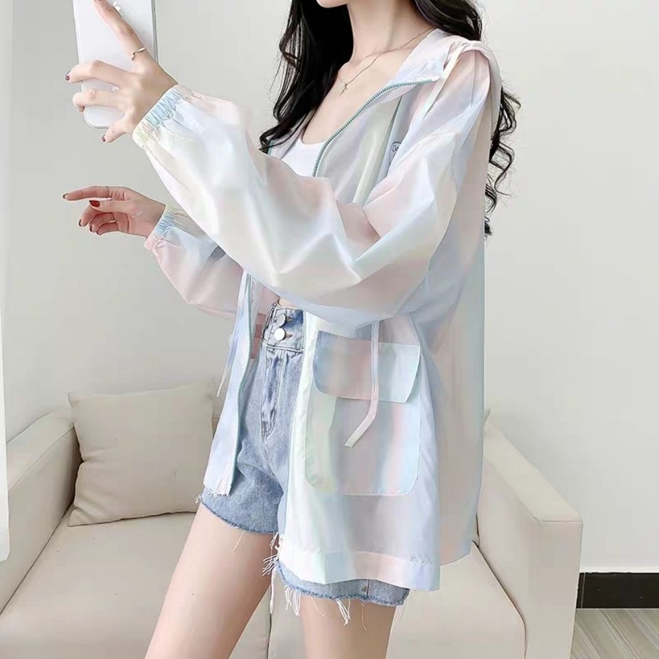 Áo Khoác Chống Nắng Dáng Rộng Chất Lụa Mát Màu Sắc Gradient Phong Cách Nhật Bản Cho Nữ