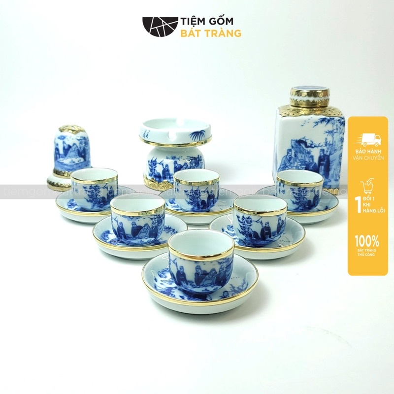 Bộ Ấm Trà Bộ Tách Uống Trà Bọc Đồng Vàng Cảnh Trúc Lâm Thất Hiền Gốm Sứ Bát Tràng Cao Cấp Nhiều Mẫu