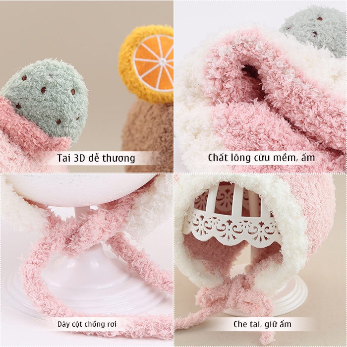 Mũ lông cừu HOA QUẢ dày dặn thiết kế đễ thương, mềm êm cho bé từ 1-3 tuổi, có che tai giữ ấm phong cách Hàn Quốc HOT