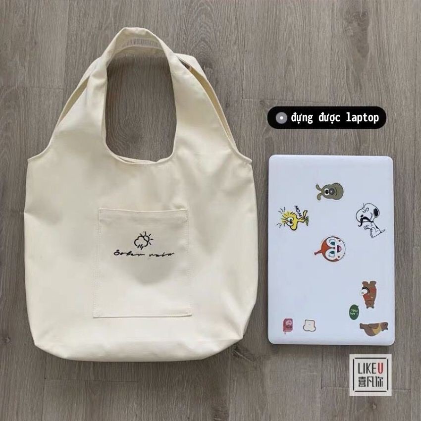 Túi tote vải canvas nữ đựng vừa laptop cỡ lớn đeo vai phong cách Nhật Bản