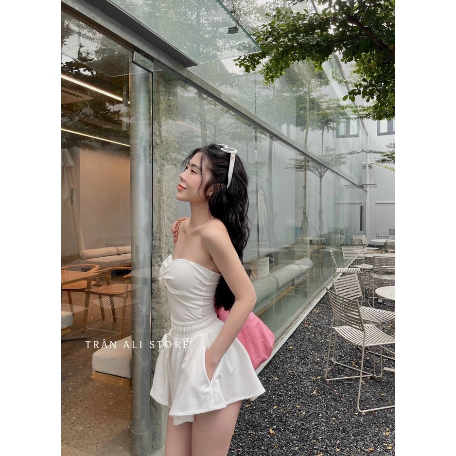 set áo ống xoắn ngực quần đùi xòe xinh xắn