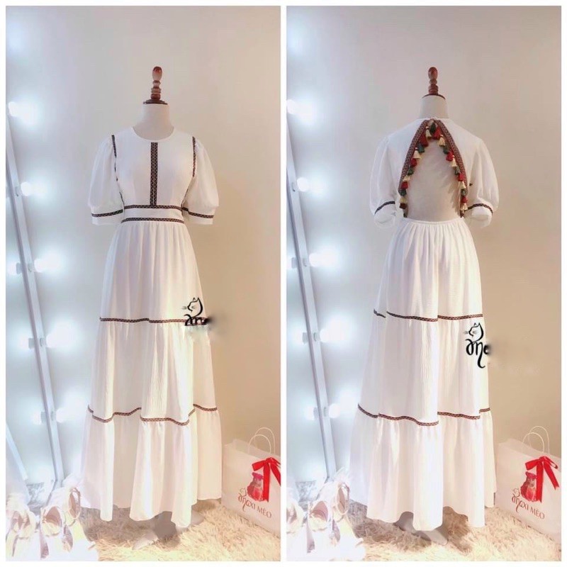 Đầm maxi đũi lụa thổ cẩm phối viền tay bồng hở lưng vintage, Váy tiệc xoè xịn retro du lịch chụp ảnh đẹp 3 MÀU HÌNH THẬT | BigBuy360 - bigbuy360.vn