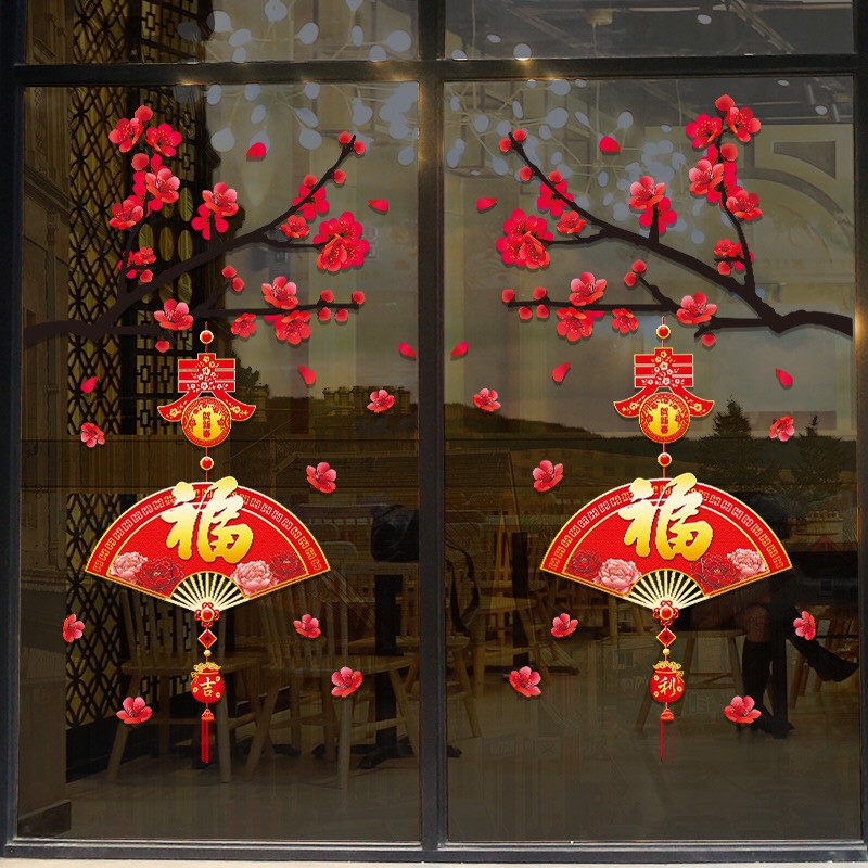 Decal Dán Tường Tết - 2 cành Mai đỏ quạt xòe mẫu mới