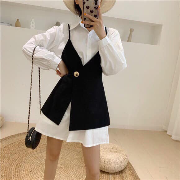 Sét 2 món áo gile cúc 2 dây mix sơ mi thụng siêu cá tính