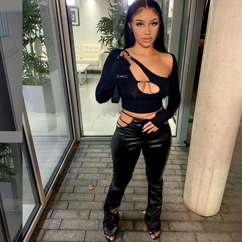 Xiangbao Áo Thun Crop Top Tay Dài Màu Đen Phong Cách Harajuku Gợi Cảm Cho Nữ