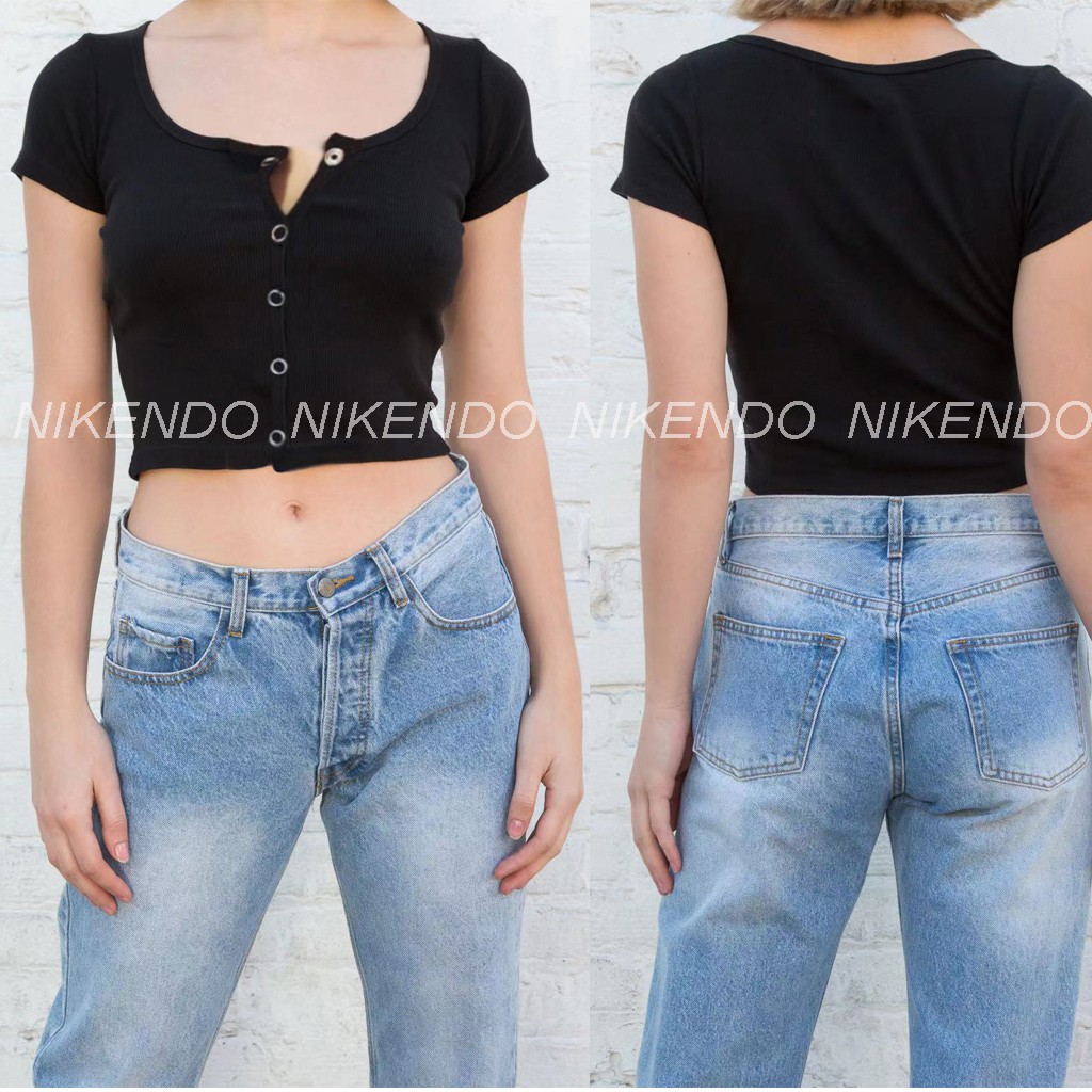 Áo Croptop Nữ  Ôm Body Tay Ngắn 5 Khuy Bấm Chất Cotton Tăm Siêu Co Giãn ( Video tự quay)