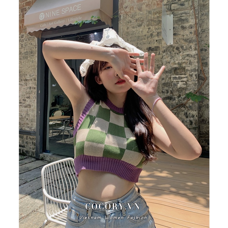 Cocory vn Áo không tay cổ chữ V dệt kim kẻ sọc thời trang cho nữ