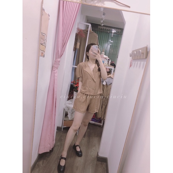 Set Áo Đũi Nâu Tay Bồng Nhẹ Bốn Cúc Kèm Quần Đùi Lưng Chun( SẴN/ẢNH SHOP)