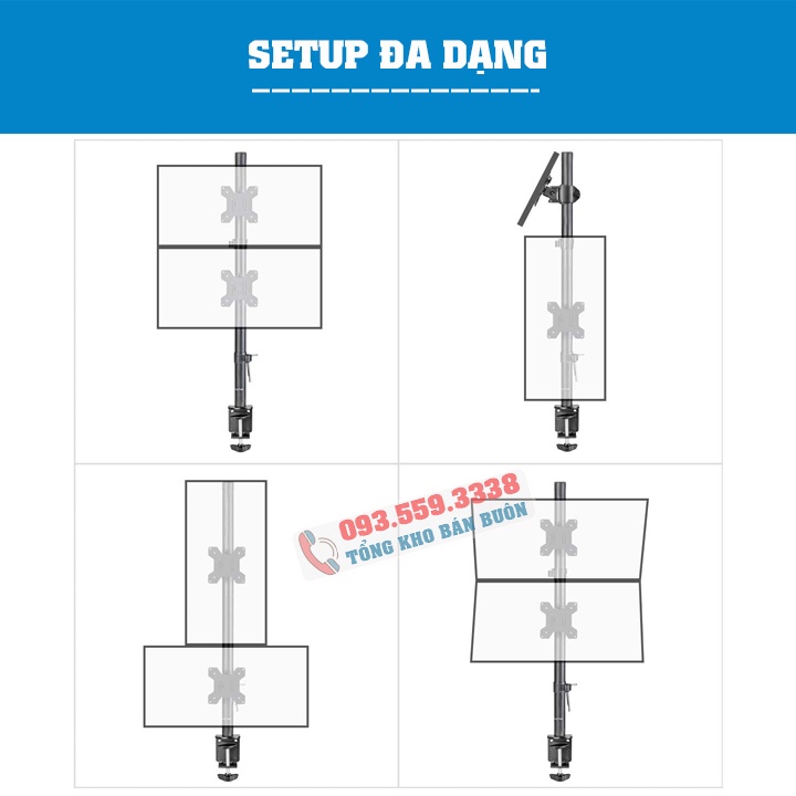 Giá Treo 2 Màn Hình / Xếp Màn Trên - Dưới M063 17 - 27 Inch - Tay Treo Hai Màn Hình Tải Trọng 8Kg - Lắp Đặt Kẹp Bàn