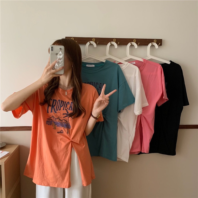 2022 Summer New Split Personality Harajuku Style Short-sleeved T-shirt Women Irregular Korean Version Popular Loose Top