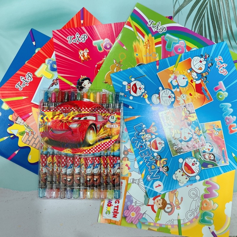 Bộ 4 tập tô màu kèm bút màu sáp vặn 24 cây