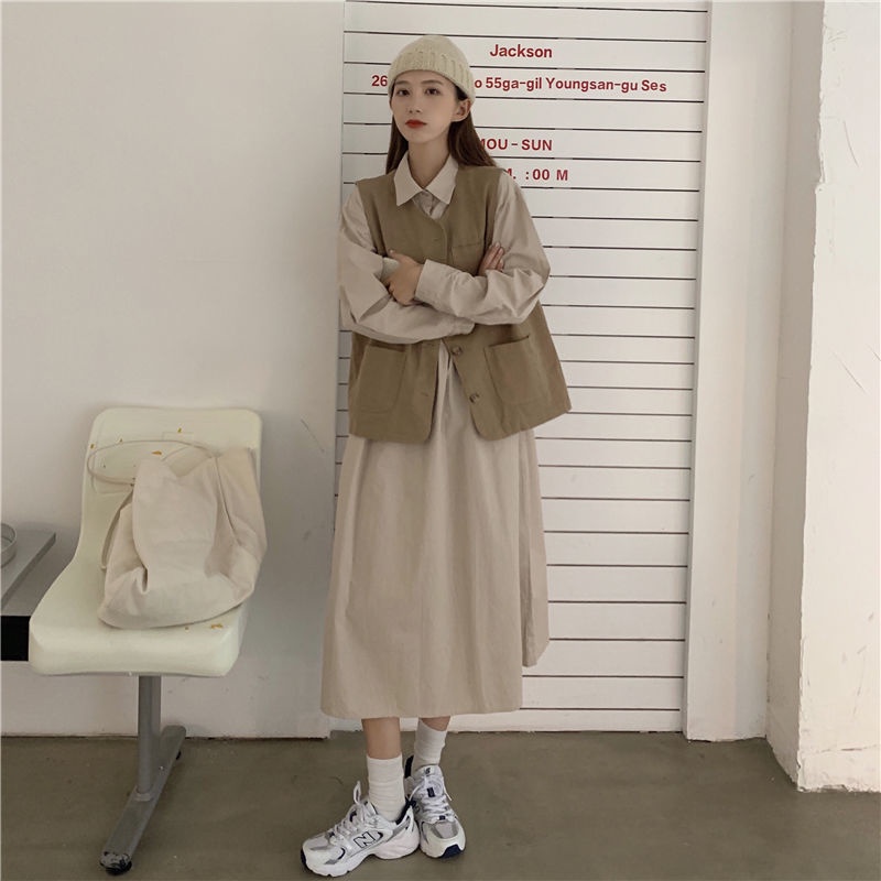 Hàng Có Sẵn Miễn Phí Vận Chuyển Bộ Đầm Xuân Thu Hai Mảnh Phong Cách Preppy Pháp Nhỏ + Áo Vest Công Cụ