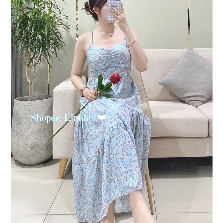 Váy hoa hai dây dáng dài freesize đầm hai dây basic sẵn mút ngực