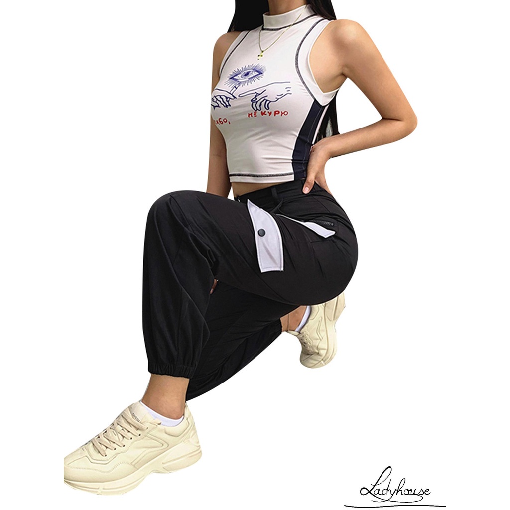 Áo Tank Top Cổ Cao Không Tay In Họa Tiết Phong Cách Đường Phố Dành Cho Nữ