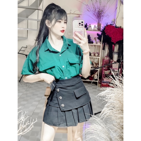 Set áo sơmi túi nắp phối chân váy tầng nút