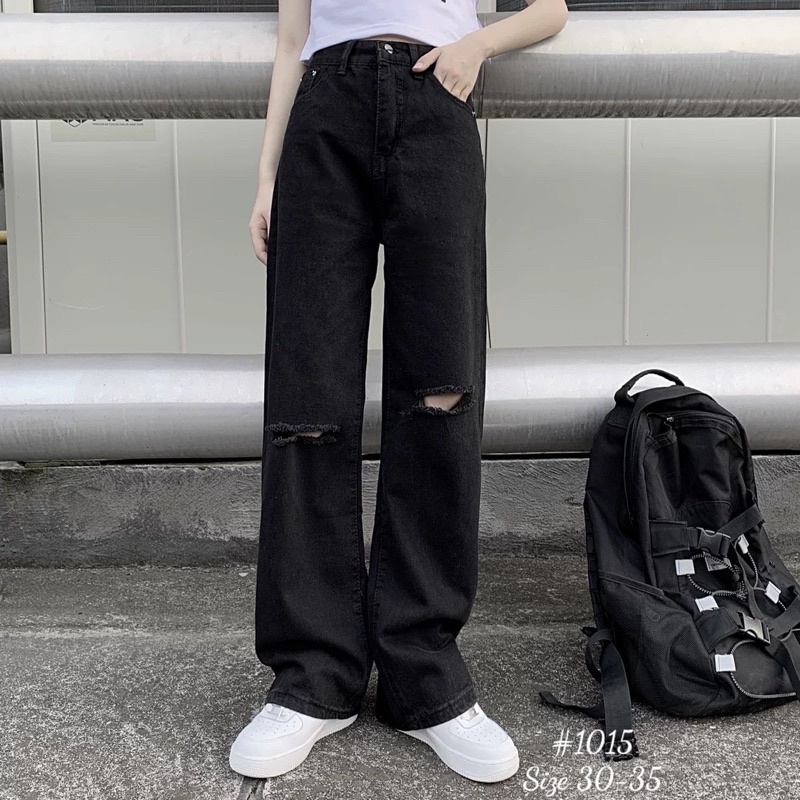 Quần Baggy Nữ Lưng Cao Bigsize Rách Nhiều Kiểu Màu Đen Thời Trang Cá Tính