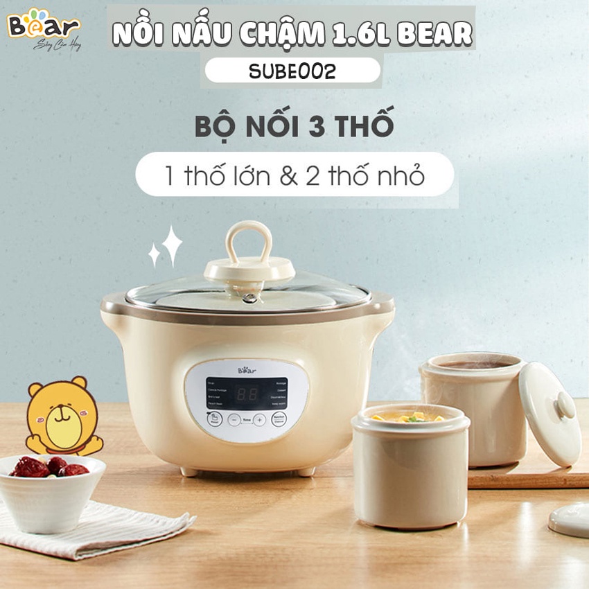 Nồi Nấu Cháo Chậm Cho Bé Bear dung tích 0.8L, 1.6L, 2.5L kèm lồng hấp (1 đổi 1 trong 30 ngày, Bảo hành 18 tháng)