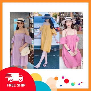 Đầm đi biển\Váy trễ vai dáng xuông chất đũi lụa dịu dàng nữ tính nhiều màu  mặc là yêu