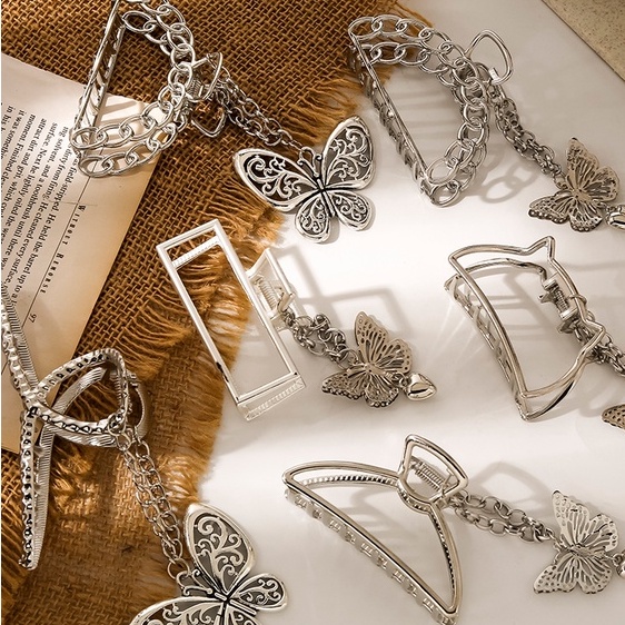 Kẹp Tóc Dây Xích Kim Loại Ba Chiều Hình Bướm Phong Cách Hàn Quốc Thanh Lịch