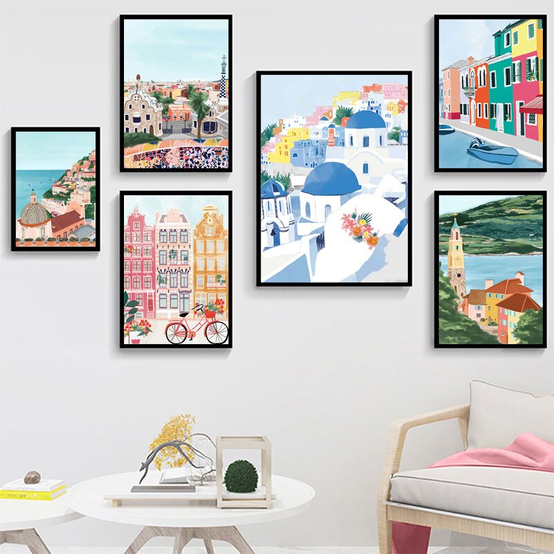 Tranh vải bạt treo tường in hình thành phố paris/tokyo/khác nhiều màu sắc trang trí nhà cửa