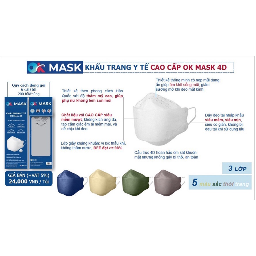 Khẩu trang y tế OK MASK 4D - Đạt chuẩn kháng khuẩn, công nghệ Nhật Bản (Túi 6 cái)