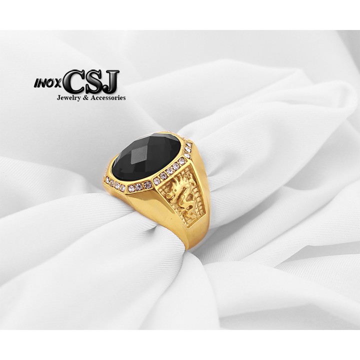 NHẪN NAM INOX MẠ VÀNG 2 BÊN CON RỒNG ĐÁ ĐEN siêu đẹp - tặng hộp đựng xinh xắn