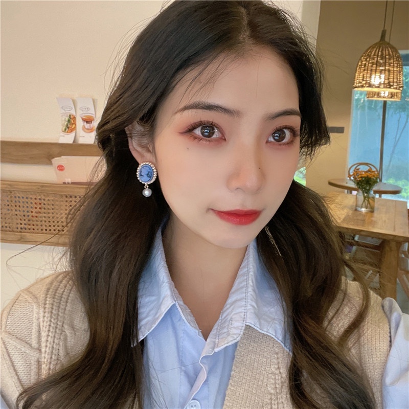 Khuyên tai kẹp không bấm lỗ chốt cố định K174 bằng hợp kim mạ vàng hình elip đính hạt trai dáng midi Leous Accessories