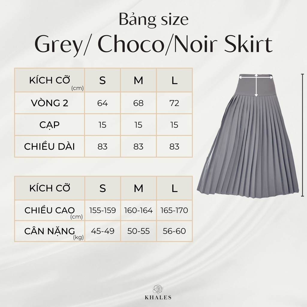 Chân váy xếp ly midi KHALES vải tuyết mưa loại xếp nhỏ 3 màu xám, nâu và đen