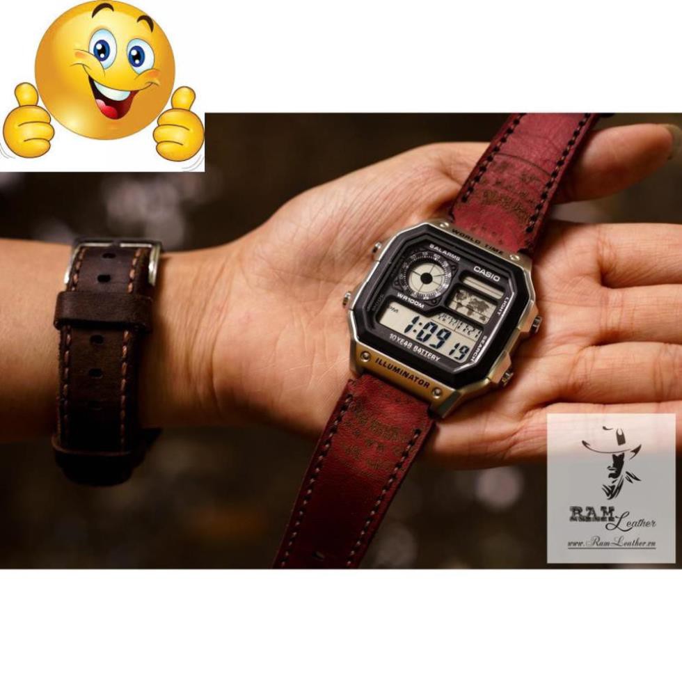 (MUA 1 ĐƯỢC 5) DÂY ĐỒNG HỒ TRỐNG ĐỒNG CASIO AE1200/SEIKO5 DA BÒ THẬT BURGUNDY ĐỎ .