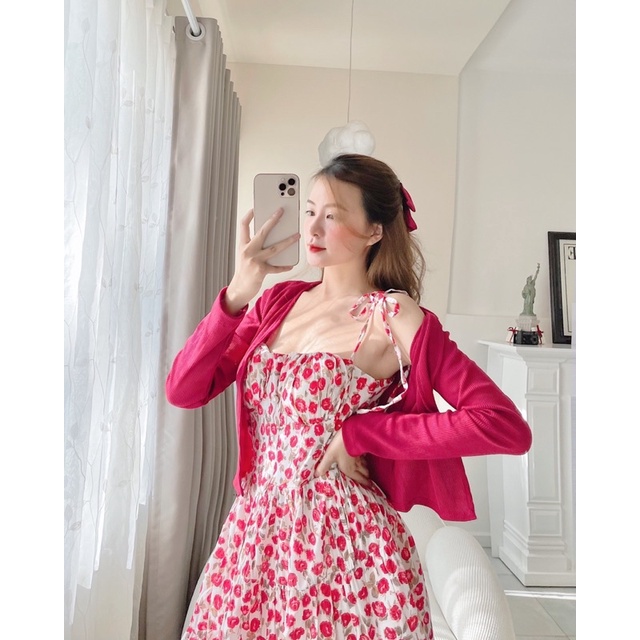 SET ĐẦM HOA CÚP 2 DÂY XOÈ + ÁO KHOÁC ĐỎ
