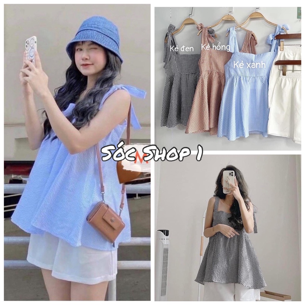 Sét Bộ 2 Dây Nơ Vai Kẻ Chất Xốp Kèm Quần Short, Sét Bộ Ngủ Babydoll Cute