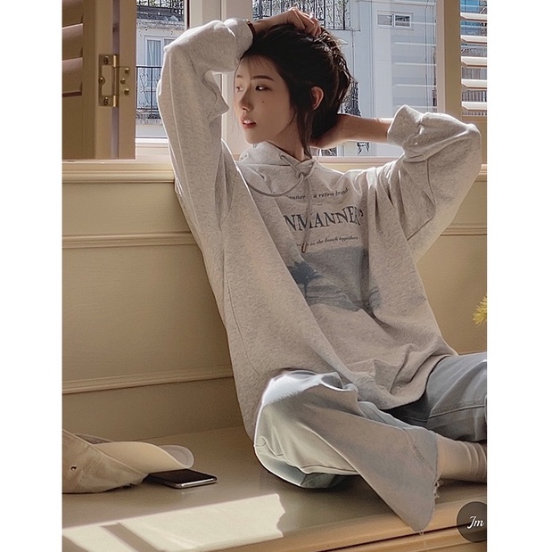 Áo hoodie tay dài dáng rộng màu xám thời trang phong cách Hàn Quốc cho nữ | BigBuy360 - bigbuy360.vn