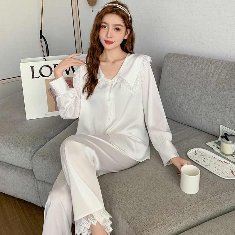 Bộ đồ ngủ dài tay vải lụa mỏng cỡ lớn thời trang mùa xuân cho nữ