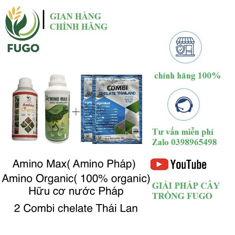 Combo 1 chai Amino Max +1 chai Amino Organic + 2 gói Combi Chelate BUNG CHỒI - KÉO ĐỌT - XANH LÁ - DÀY LÁ
