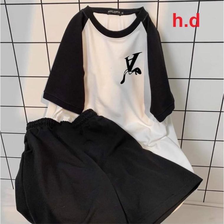 ⚡Sét bộ bộ nam nữ unisex chữ A ngược ⚡áo thun ef phối tay chất cotton + quần đùi cạp chun đen Freesize dưới 55kg