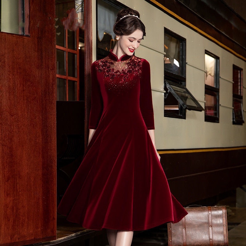 Váy nhung trung niên nữ quảng châu cao cấp